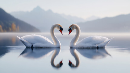 Swan Love: Two graceful swans, their necks intertwined, create a heart shape in the still water of a mountain lake, reflecting the beauty of their bond amidst the ethereal mist.
