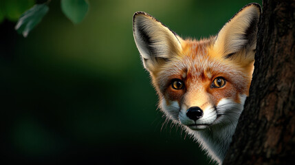 Red Fox Peek-a-Boo: A curious red fox with striking orange fur and intense amber eyes peeks from behind a tree trunk, creating a captivating moment of wildlife intrigue.