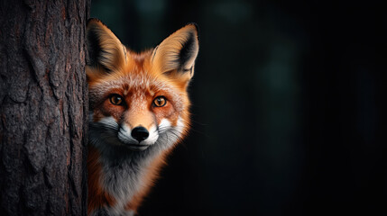 Obraz premium Red Fox in Forest: A captivating portrait of a red fox peering from behind a tree trunk, its intense amber eyes and striking fur highlighted against a dark, mysterious forest backdrop.