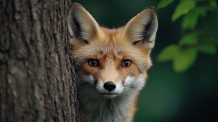 Obraz premium Red Fox Portrait: A captivating close-up of a red fox peering from behind a tree trunk, its intelligent amber eyes captivating the viewer. The lush green foliage provides a stunning natural backdrop.