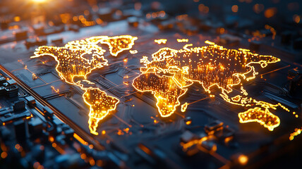 Global Network Connection Illuminated World Map on Circuit Board