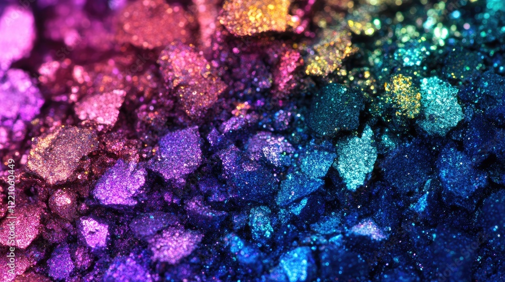 Poster a close-up of iridescent rainbow clay with a foam-like surface, reflecting a metallic sheen in a spe