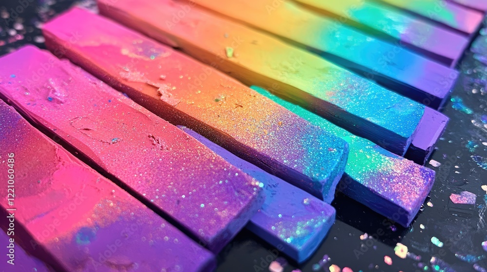 Poster A close-up of iridescent rainbow clay with a foam-like surface, reflecting a metallic sheen in a spectrum of vibrant colors.