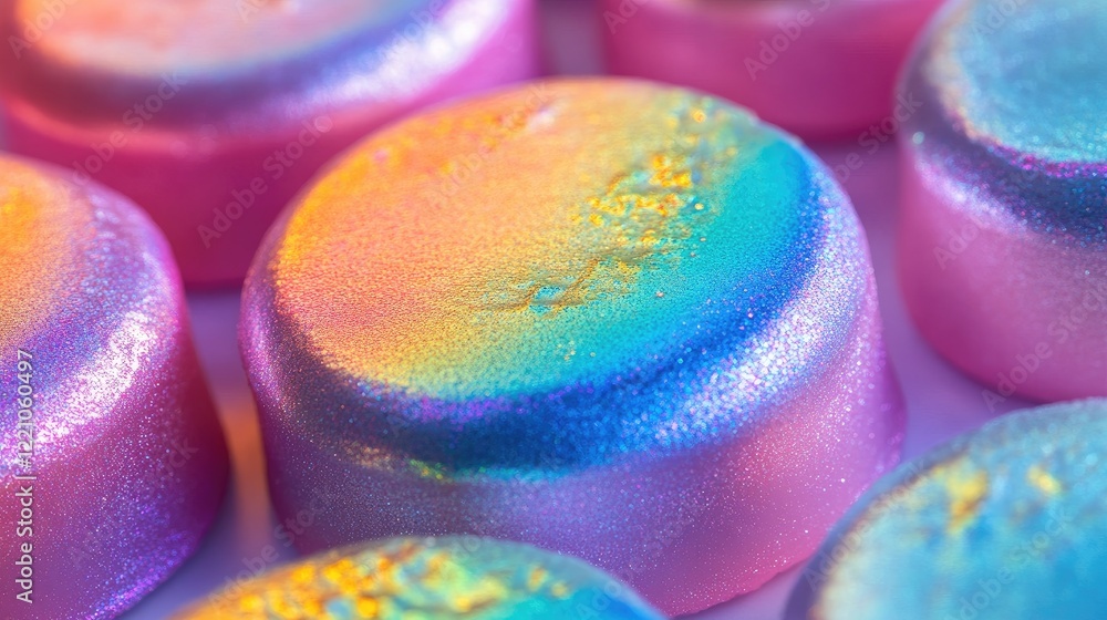 Poster a close-up of iridescent rainbow clay with a foam-like surface, reflecting a metallic sheen in a spe