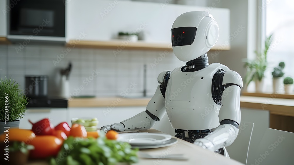 Poster intelligent robot assisting with dining table setup and ambiance