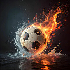 Naklejka premium soccer ball on fire rotating with water splash