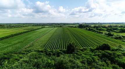 Aerial view of agricultural expansion in lush fields nature landscape open environment drone perspective growth concept