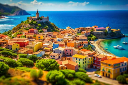 Tilt-Shift Panorama: Buggerru, Sardinia Coastal Town, Mediterranean Sea