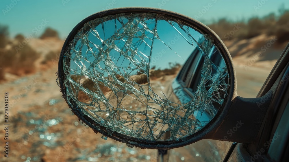 Poster a close-up view of a broken car mirror, reflecting the road, with shattered glass surrounding it, sh