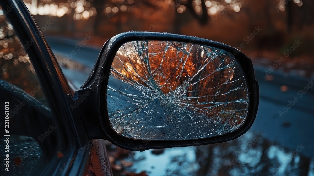 Poster a close-up view of a broken car mirror, reflecting the road, with shattered glass surrounding it, sh