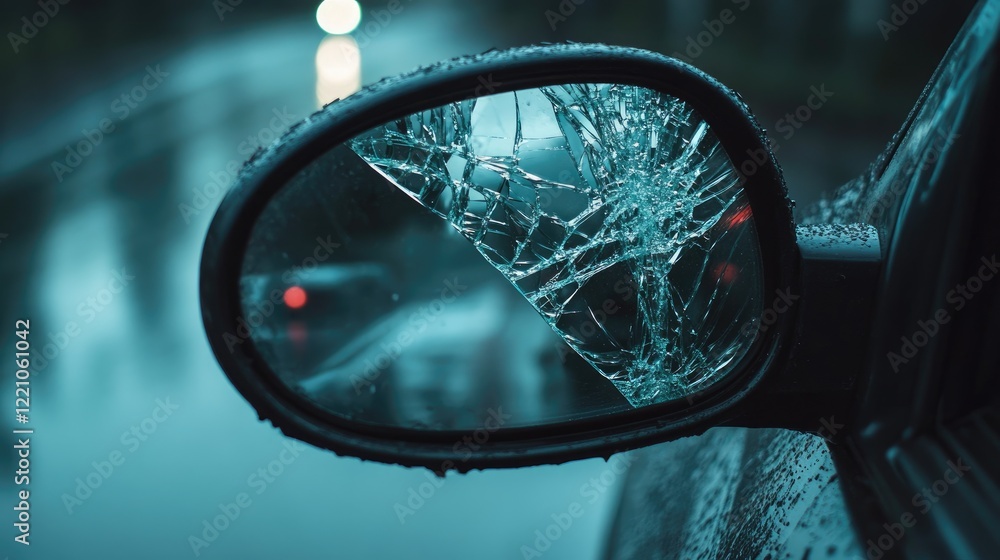 Poster a close-up view of a broken car mirror, reflecting the road, with shattered glass surrounding it, sh