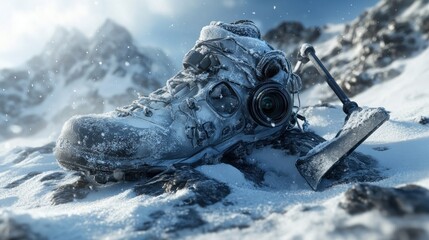 Frozen Mountaineering Boot Camera Gear In Snow