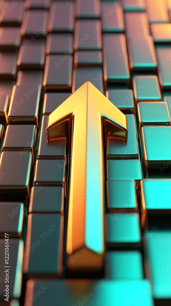 Poster a close-up of a shiny golden arrow pointing upward against a backdrop of reflective cubes, symbolizi