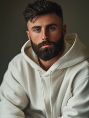 Fototapeta premium A man with a beard, wearing a plain white hoodie
