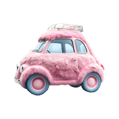 Fluffy 3D Cartoon Car with Furry Hood Isolated on Transparent Background