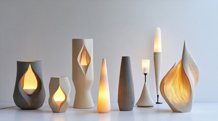 A collection of modern table lamps in unique and creative designs, displayed on a crisp white background for a minimalist look.
