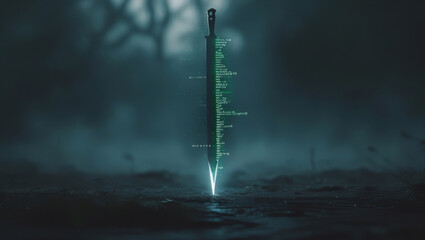 Futuristic Sword with Digital Code in a Dark Atmospheric Forest