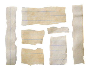 Pieces of notebook paper with white old torn or cut lines. Design elements isolated on transparent background.