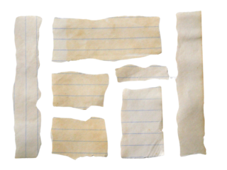 Pieces of notebook paper with white old torn or cut lines. Design elements isolated on transparent background.