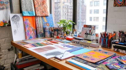 A colorful and well-organized designer's table, featuring fashion drawings, fabric swatches, and other creative tools in a bright, inspiring workspace.