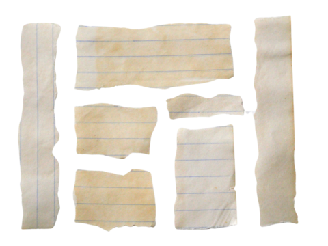 Pieces of notebook paper with white old torn or cut lines. Design elements isolated on transparent background.