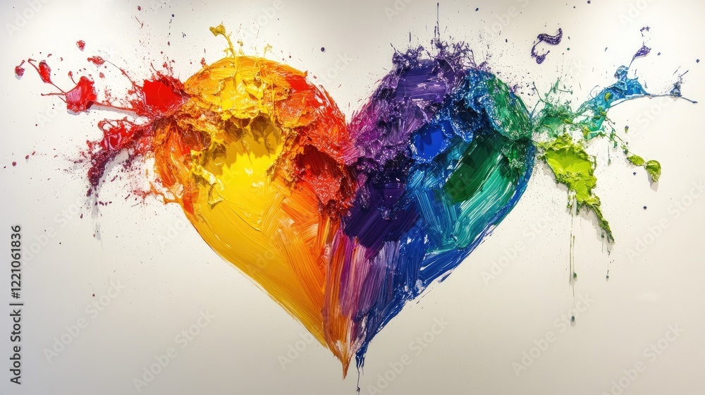 Poster a colorful, dynamic heart created from splashes of rainbow paint on a white background, evoking a se