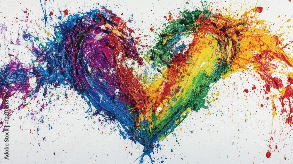 Poster a colorful, dynamic heart created from splashes of rainbow paint on a white background, evoking a se
