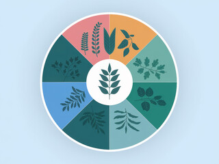 Naklejka premium Colorful botanical wheel with various leaf illustrations on vibrant segments