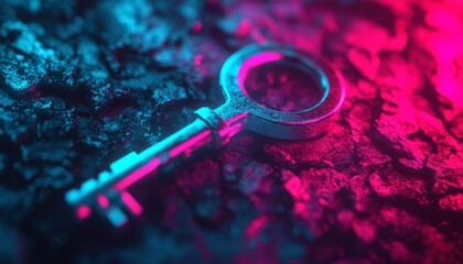 A close-up view of a vintage key resting on a textured surface illuminated by vibrant blue and pink lights.