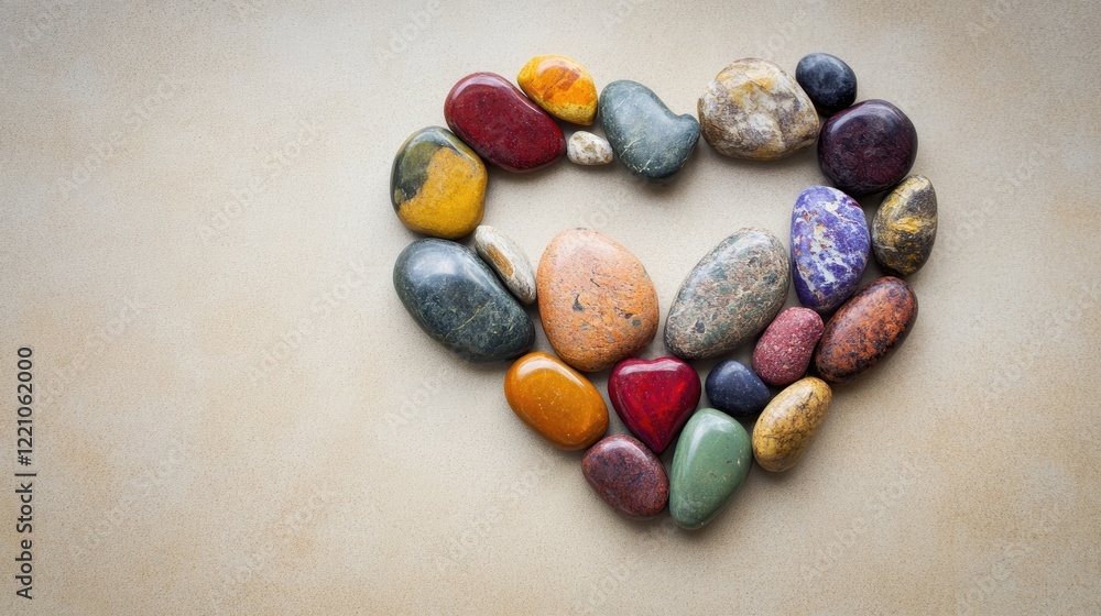 Poster a colorful heart shape formed by river stones in various hues, lying gracefully on a plain beige sur