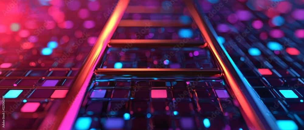 Poster a close-up view of illuminated tracks with vibrant colors, symbolizing futuristic pathways and digit