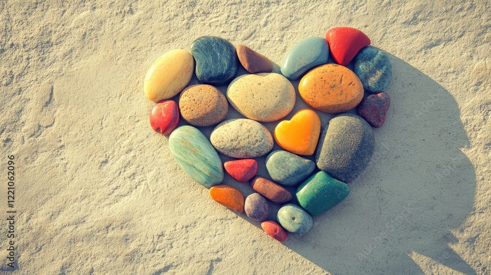 Poster a colorful heart shape formed by river stones in various hues, lying gracefully on a plain beige sur