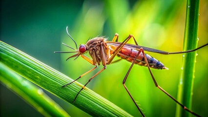 Naklejka premium Tiny Mosquito on Grass Stem - Urban Exploration Macro Photography
