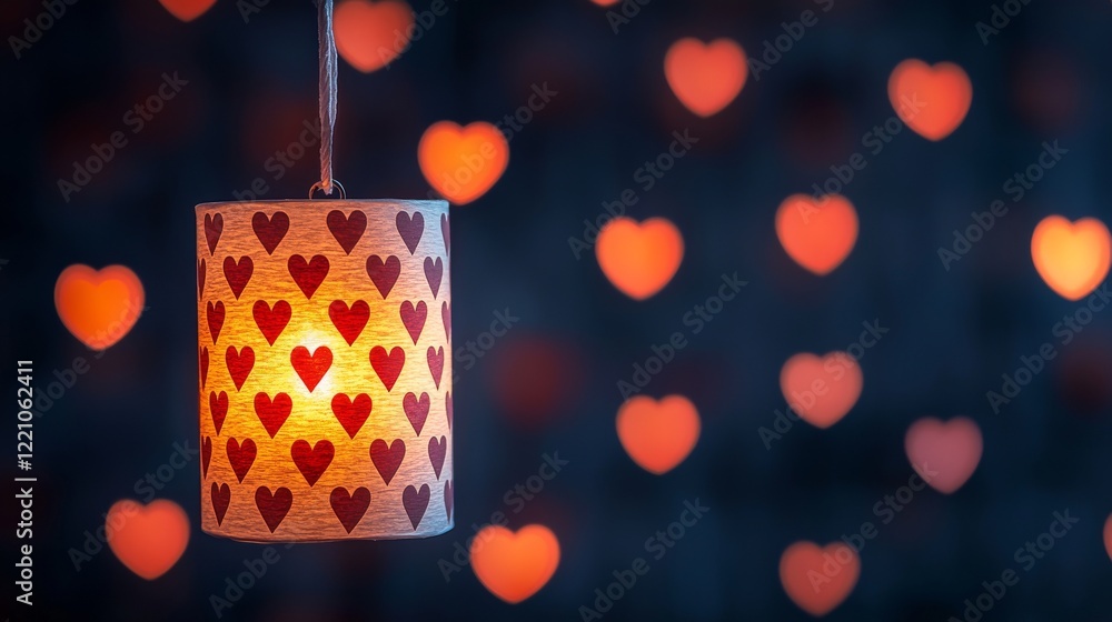 Poster a decorative lamp with heart patterns and soft glowing light, creating a romantic and cozy atmospher