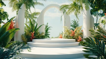 A contemporary summer podium against a clean white backdrop, surrounded by exotic plants and modern abstract shapes, ideal for design visuals.