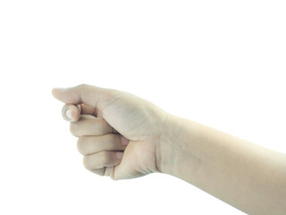 Hand holding something , finger movement  isolated on white background.