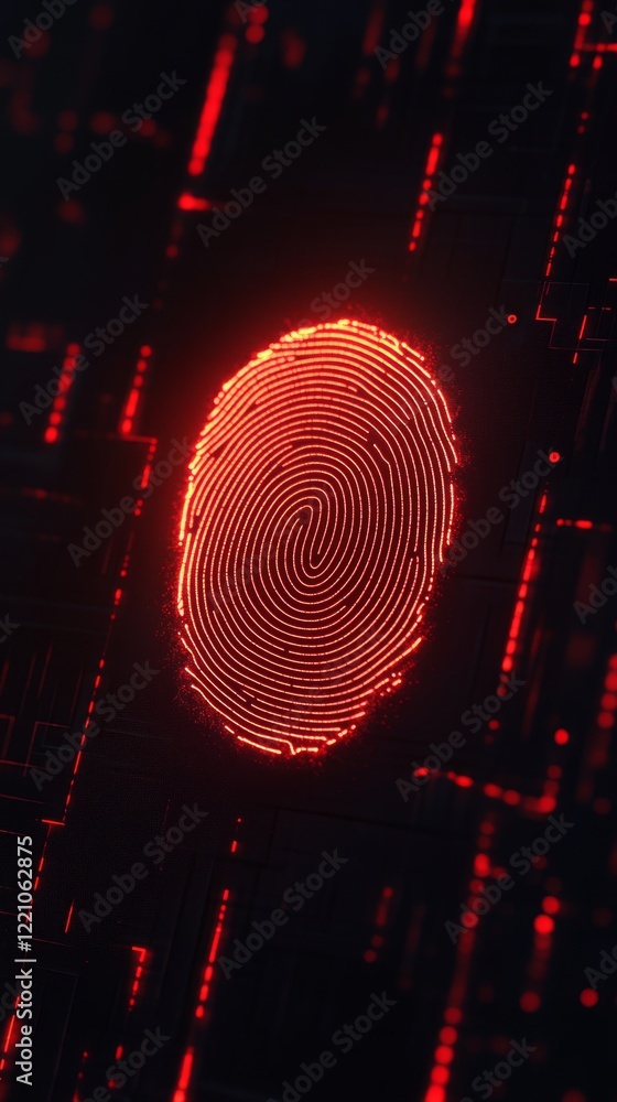 Poster a digital fingerprint glows red amidst a dark background, symbolizing security and access control in
