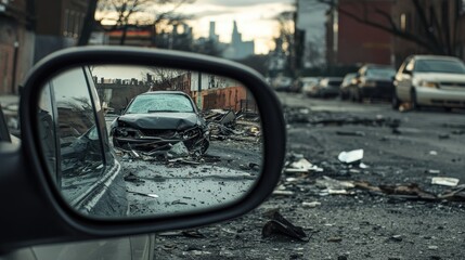 A cracked side mirror reflecting the street, with car accident debris scattered across the foreground, highlighting the damage and chaos.