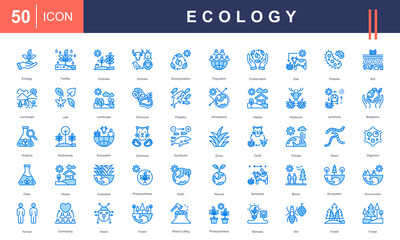 Icons illustrating Ecology concepts, including biodiversity, ecosystems, conservation, climate, organisms, habitat, symbiosis, photosynthesis, and sustainability. Ideal for environmental projects.