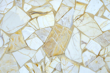 Fragmented marble pieces with beige, white, and brown tones form an intricate pattern. Concept of textured mosaic design.
