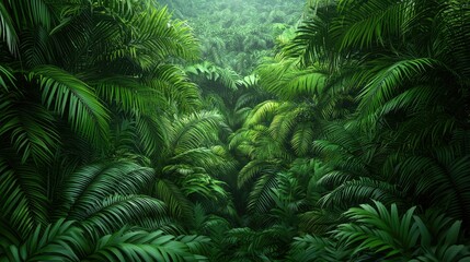 Lush green tropical jungle with dense foliage and vibrant plants, a serene and tranquil environment that embodies the beauty of nature, perfect for background, design, or relaxation themes.
