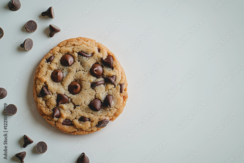 Poster chocolate chip cookie placed on a wooden table with a slightly rustic background highlighting its te