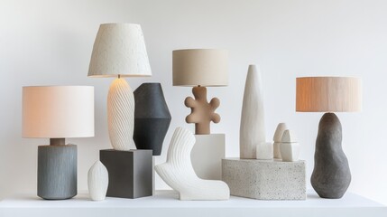 A curated display of modern table lamps with artistic designs, arranged neatly on a white backdrop, highlighting their elegant form.