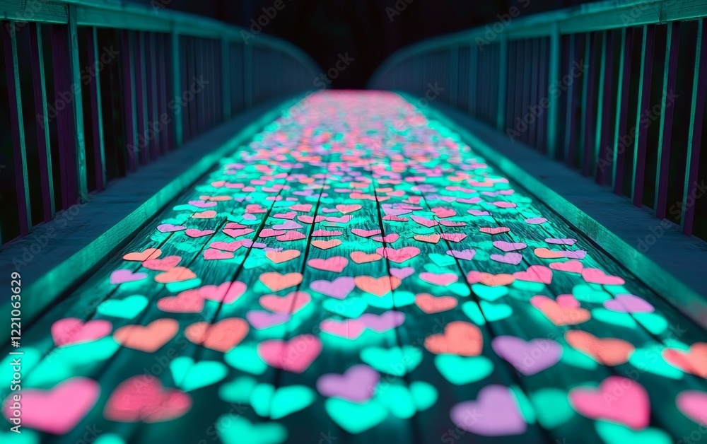 Poster a enchanting path illuminated with colorful heart shapes, creating a romantic and whimsical atmosphe