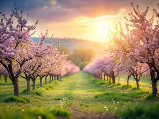 Tranquil Spring Orchard: Pastel Sky, Blooming Pink Trees, Tilt-Shift Photography