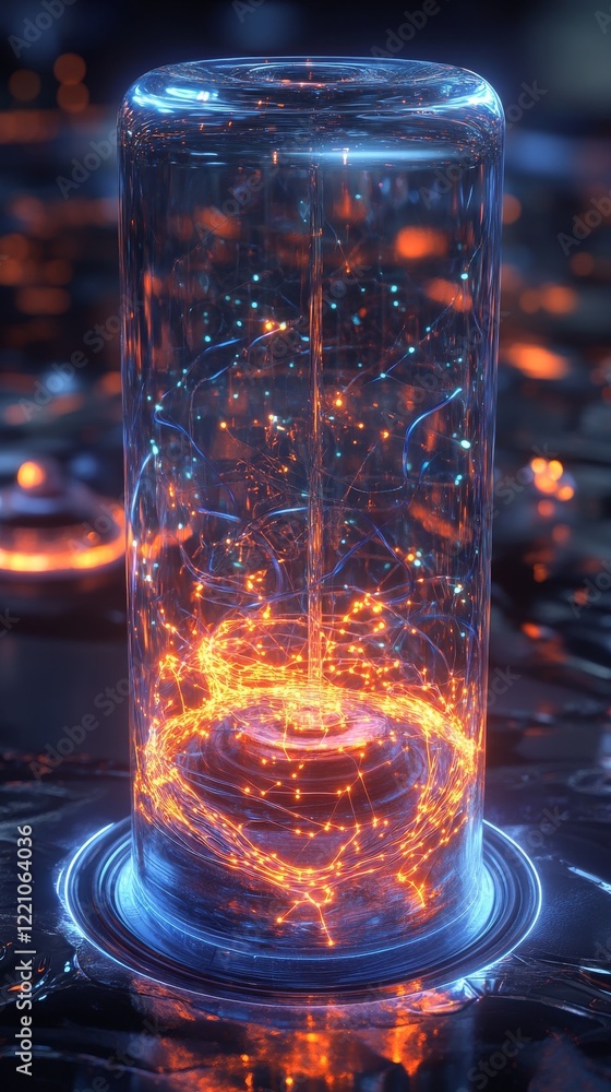 Poster a futuristic energy source encapsulated in a transparent cylinder, glowing with vibrant particles an