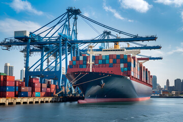 Naklejka premium Large container ship docking at commercial port with loading cranes