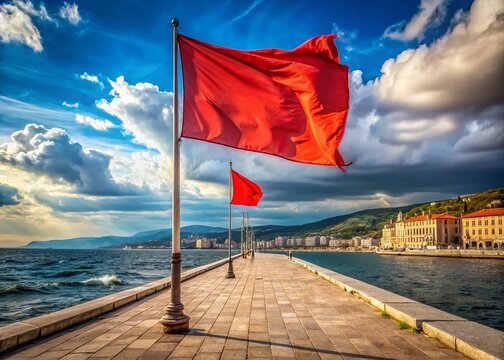 Trieste Barcola Waterfront: Red Flag Blown by Bora Wind, Via Flavia Coastal Path