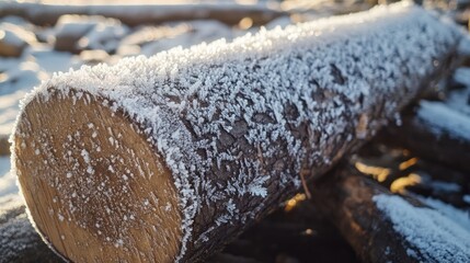 Fototapeta premium Frost Covered Log Winter Sunlight Scene