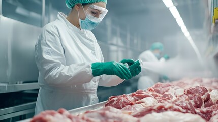 Factory Worker Applying Disinfectant Spray for Food Safety and Hygiene in Production Environment